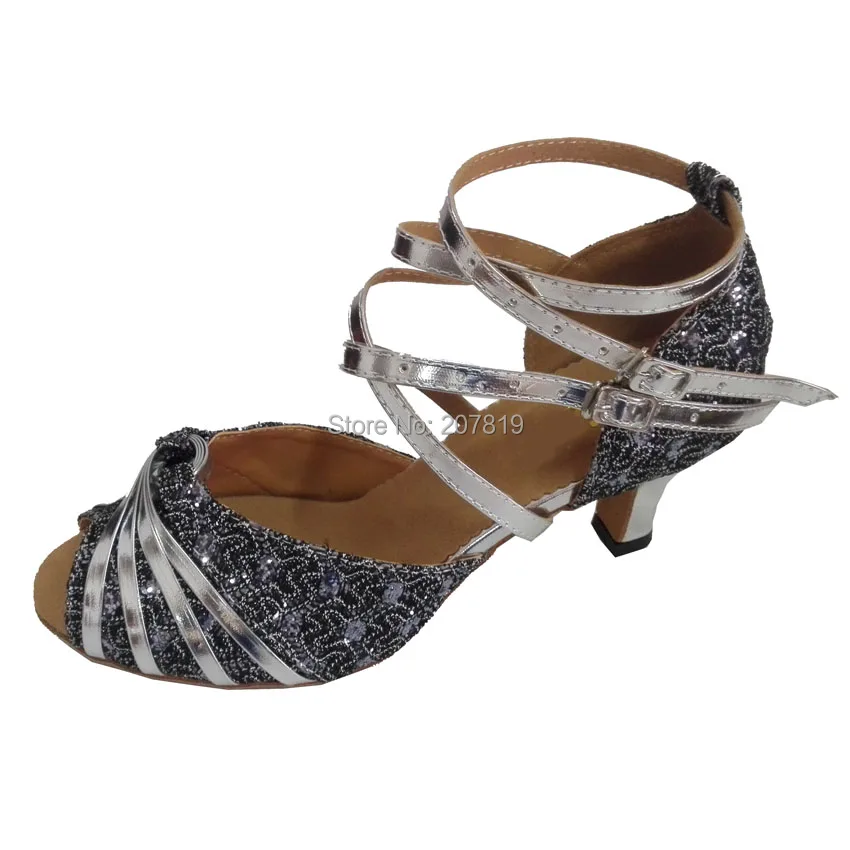 Women Customized Heel Latin Dance Shoe Open Toe Double Strap Silver Ballroom Salsa Professional
