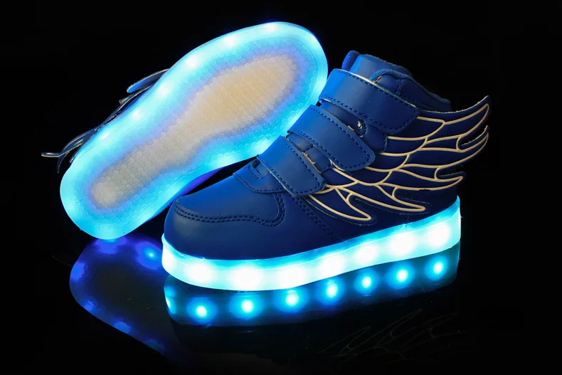 Мода Крылья зарядка через usb Обувь со светодиодной подсветкой детские светящиеся красочные светящиеся высокие Детей Загораются кроссовки для мальчиков и девочек повседневная обувь