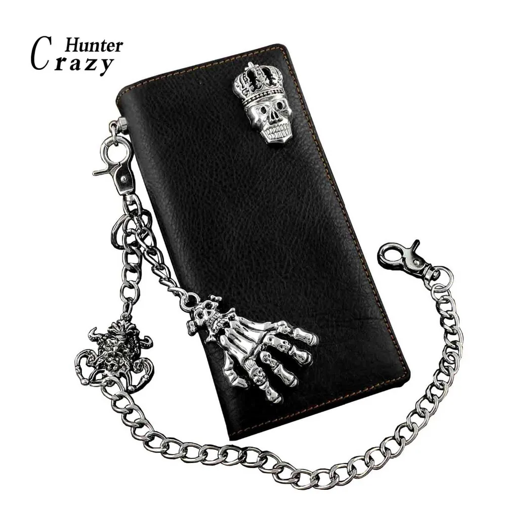 

Gothic Skull Biker Punk Mens Leather Long Checkbook Wallet with Jeans Key Chain