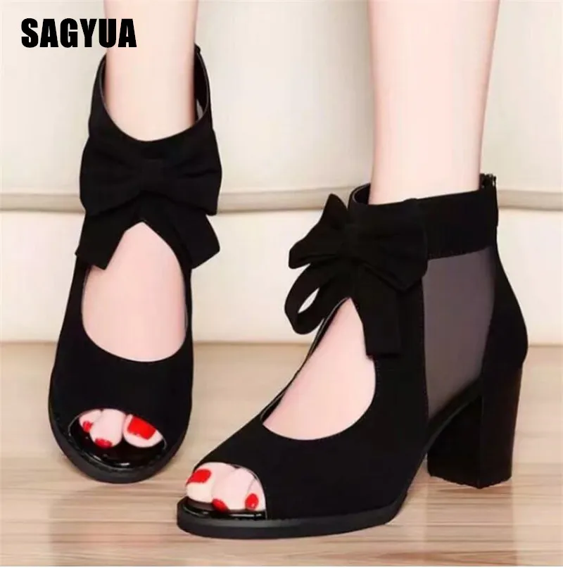

Summer Women Fish mouth bow-knot Hollow sandals girls Thick heel Casual shoe ladies Wedding party Back zipper Pumps sandals A286