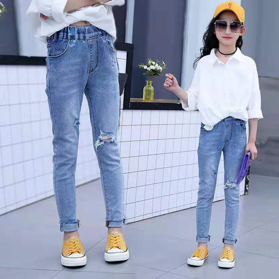 Fashion Autumn Casual Girls Soft Jeans Cotton Children Skinny Denim Pants Kids Girls Clothes Warm Elastic Waist Trousers