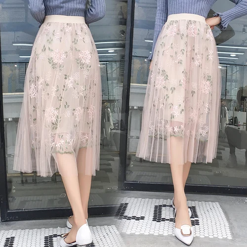 TingYiLi Тюлевая юбка с вышивкой Женская длинная юбка макси Весна Лето Корейская элегантная женская юбка серого бежевого розового цвета - Цвет: Бежевый