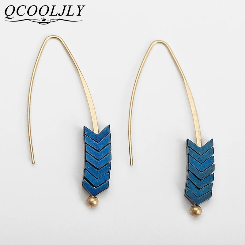 Женские серьги пусеты QCOOLJLY Винтажные из натурального камня с золотыми стрелами