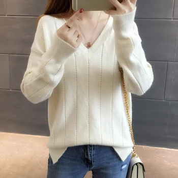 

Sweater female 2020 new Korean version of the wild V-neck long-sleeved sweater solid color loose thin section shirt women