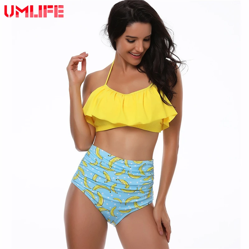 

UMLIFE 2019 Sexy Bikini Set Double Ruffle Swimwear Women Sexy Swimsuit Off Shoulder High Waist Swim Wear Beach Bathing Suit