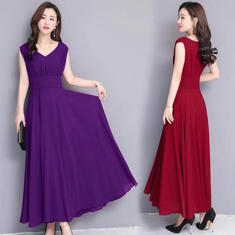 Высококачественное фиолетовое шифоновое пляжное платье в стиле бохо для женщин, летнее однотонное платье с v-образным вырезом, плиссированное вечернее платье, женские платья