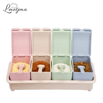 

LMETJMA Wheat Straw Seasoning Jar Set Salt With Spoons Kitchen Sugar Spice Jar Set Seasoning Container Spice Bottle Set KC0810-3