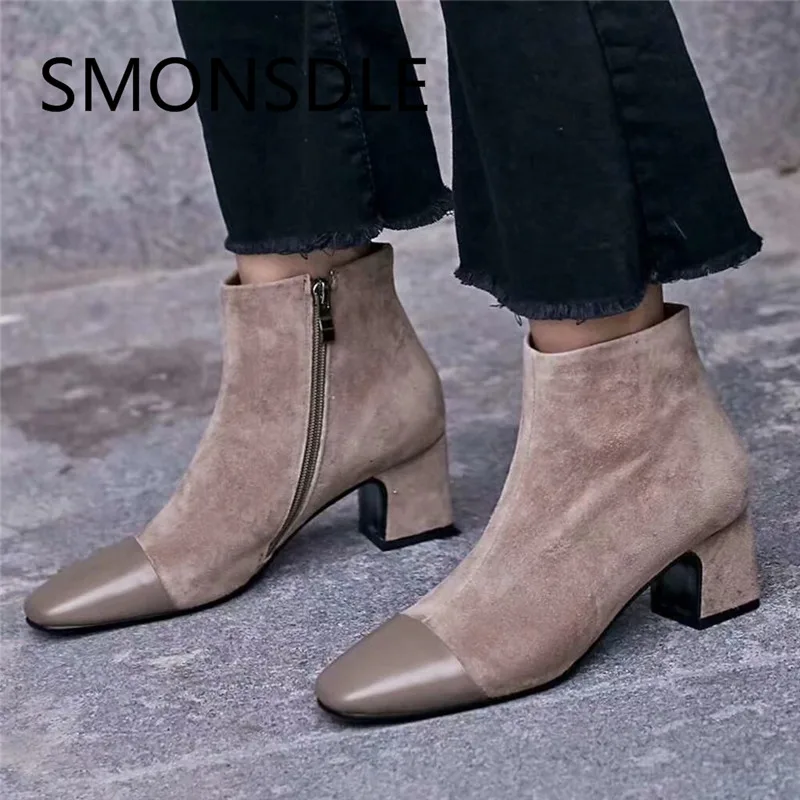

SMONSDLE 2018 New Style Autumn Winter Suede Square Toe Women Ankle Boots Side Zip Low Thick Heels Women Boots Black Shoes Women