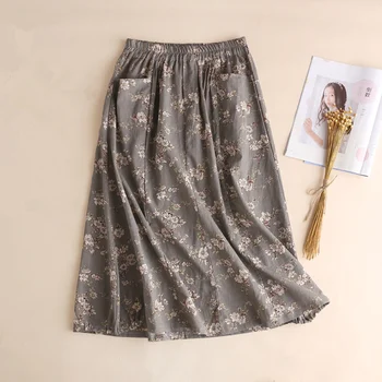 

2019 Summer Mori Girl Cotton & Linen A-line Floral Long Skirt with Pocket