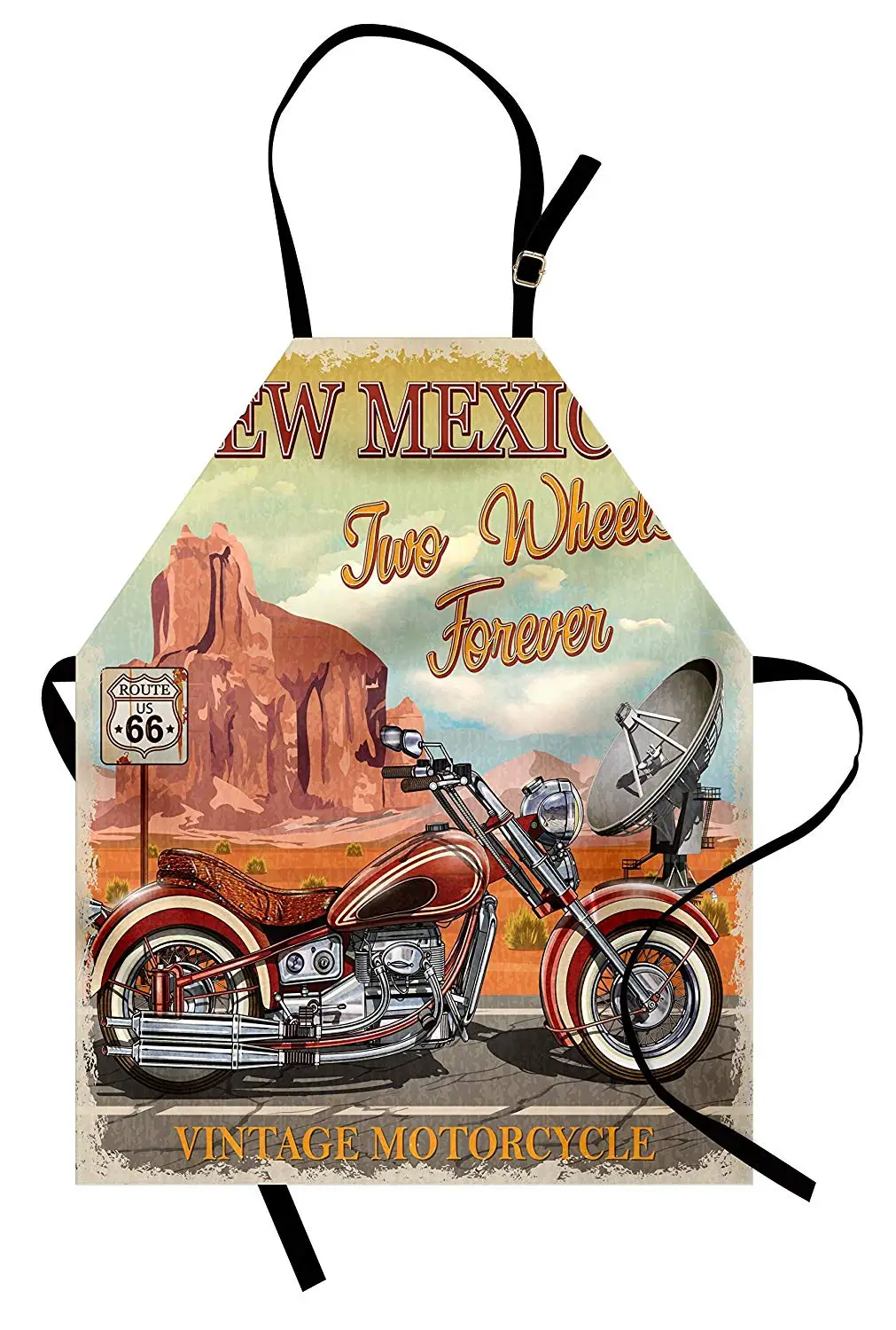 

Route 66 Apron New Mexico Calligraphy with Vintage Motorcycle on Historic Road Trip Poster Print Kitchen Bib ApronCooking Baking