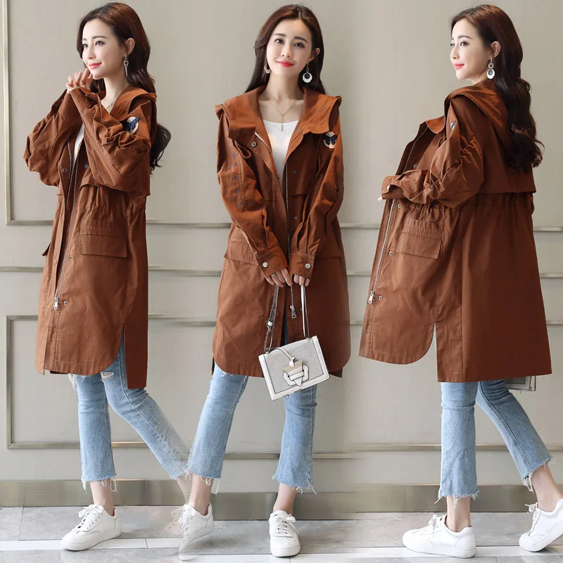 Solide Voyage Manteau vent Khaki Coupe 2018 Imperméable Broderie À Droite Wome Long caramel Streetwear Automne Capuche Veste ExIBTwqA0