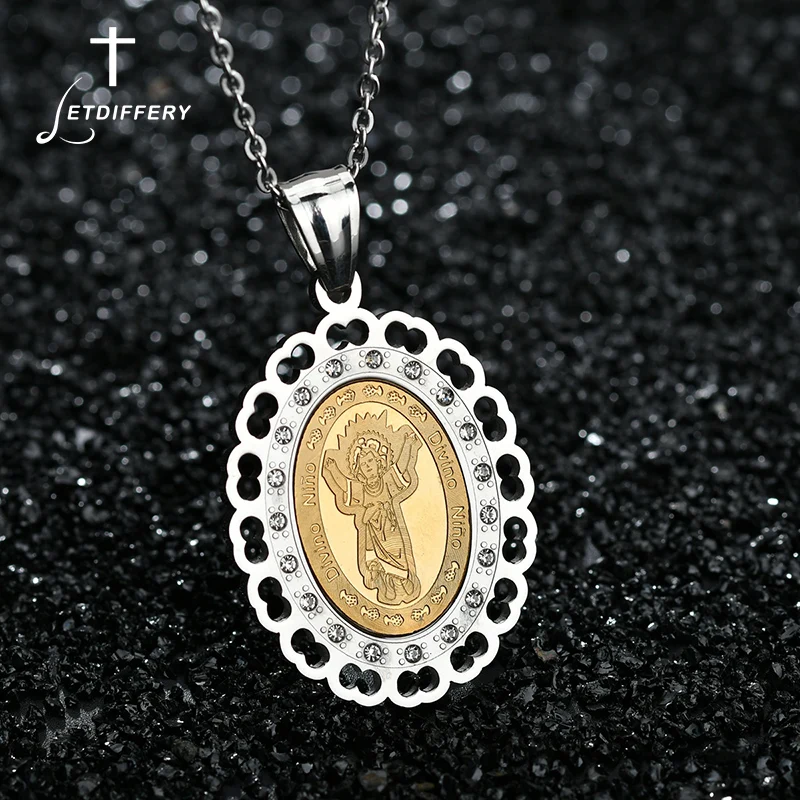 Letdiffery Gold Hollow Oval Jesus CZ Stone Necklace For Women Stainless