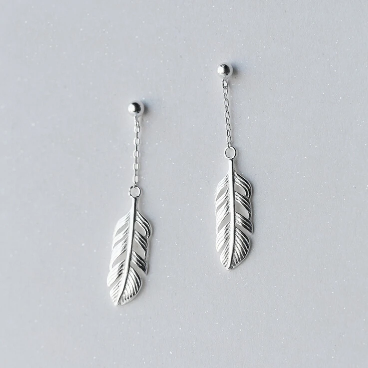 

925 Solid Sterling Silver Feather Post Stud Dangle Drop Long Earrings A1799