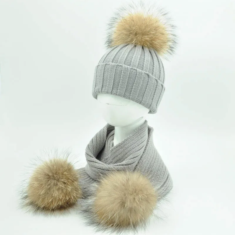 Jaxmonoy Baby Hat and Scarf Set Thick Stretchy Knitted Beanie for Boys and Girls Real Raccoon Fur Pom Pom Winter Hats for Kids
