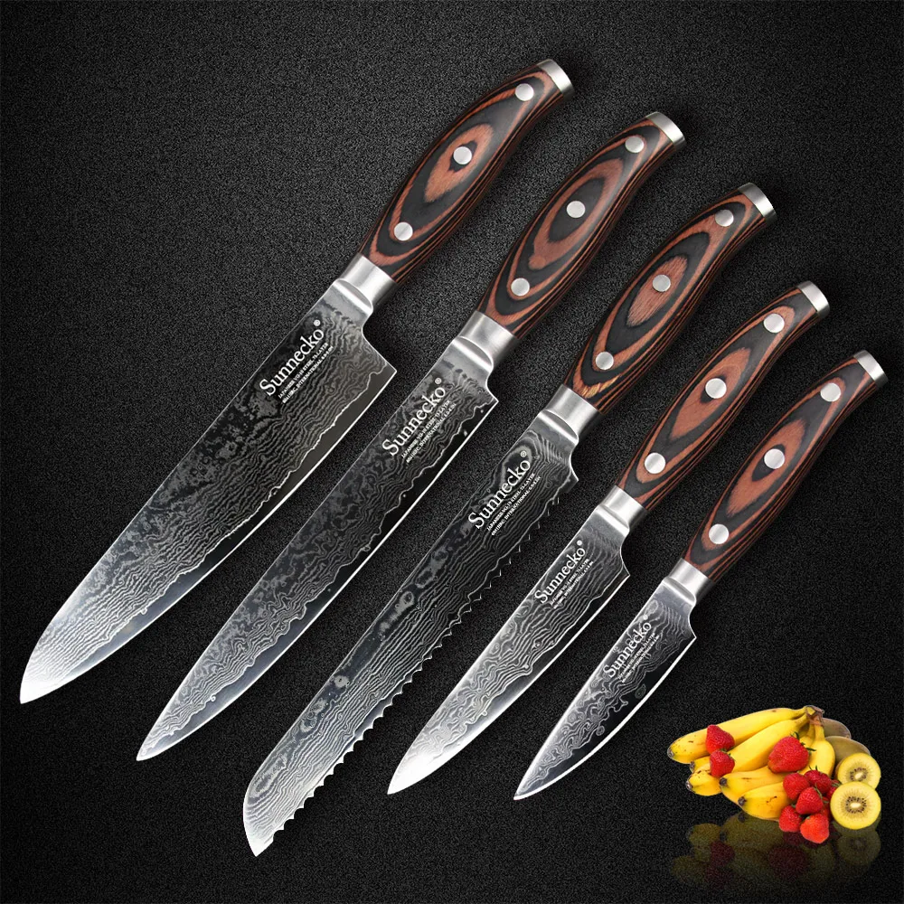 

SUNNECKO 5PCS Damascus Kitchen Knives Set Japaness VG10 Steel Blade Chef Slicer Utility Paring Bread Knife Pakka Wood Handle