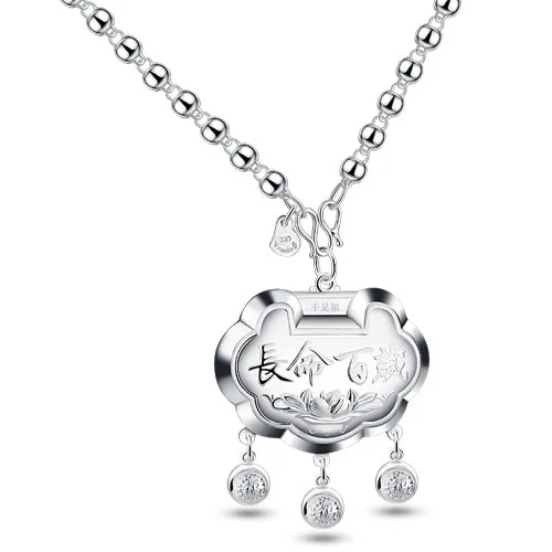 

Retro Pure Silver Lock Pendant Fashion Woman 925 Sterling Silver Necklace. Solid silver chain Chinese style bless safe jewelry