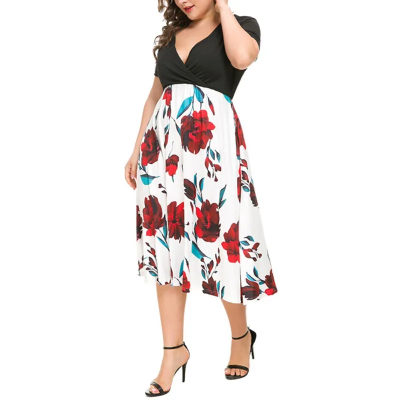 

Hot 2019 Fashion Women's Ruched Casual Patchwork Printed V-Neck Summer Short Sleeve Midi Dress Puls Size X-5XL