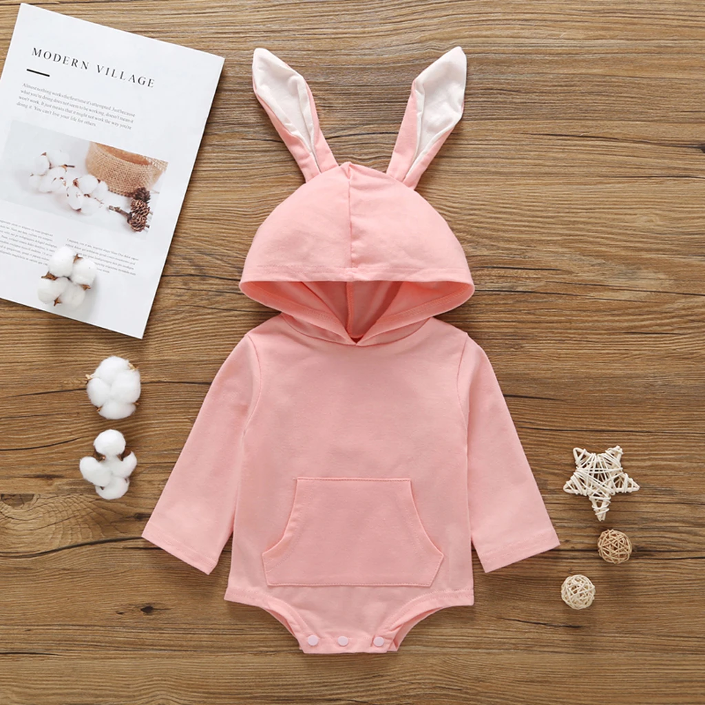 Пасхальная одежда с объемным кроликом для маленьких мальчиков и девочек, комбинезон с длинными рукавами, однотонный комбинезон с капюшоном