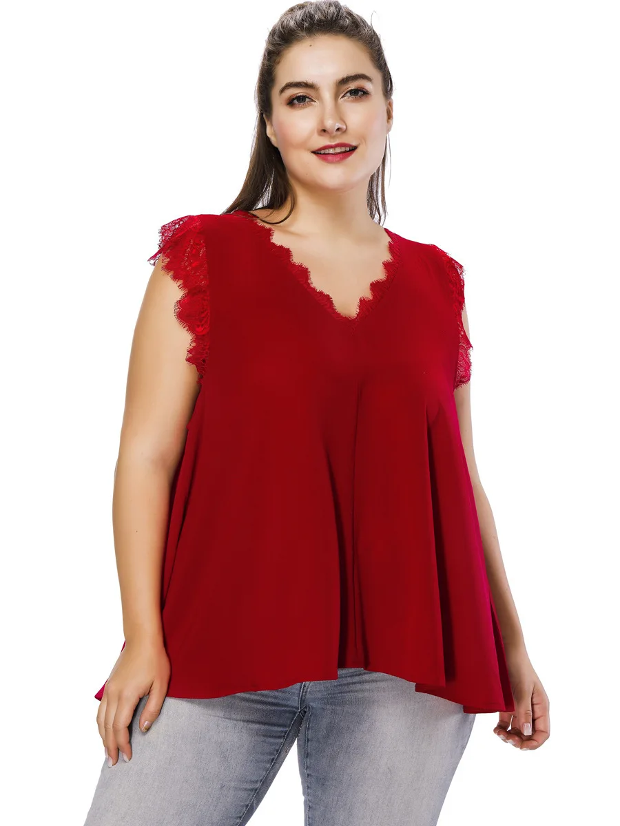 

Plus Size Chiffon Blouse 2019 Summer Tops For Women Daily Office Blouse Sexy V Neck Sleeveless Home Party Lace Shirt Solid Color