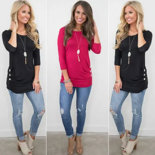 

2019 Spring Summer Women Loose 3/4 Sleeve Causal Tunic Tops T-Shirt Plus Size Tee Outwear Girls Clothes