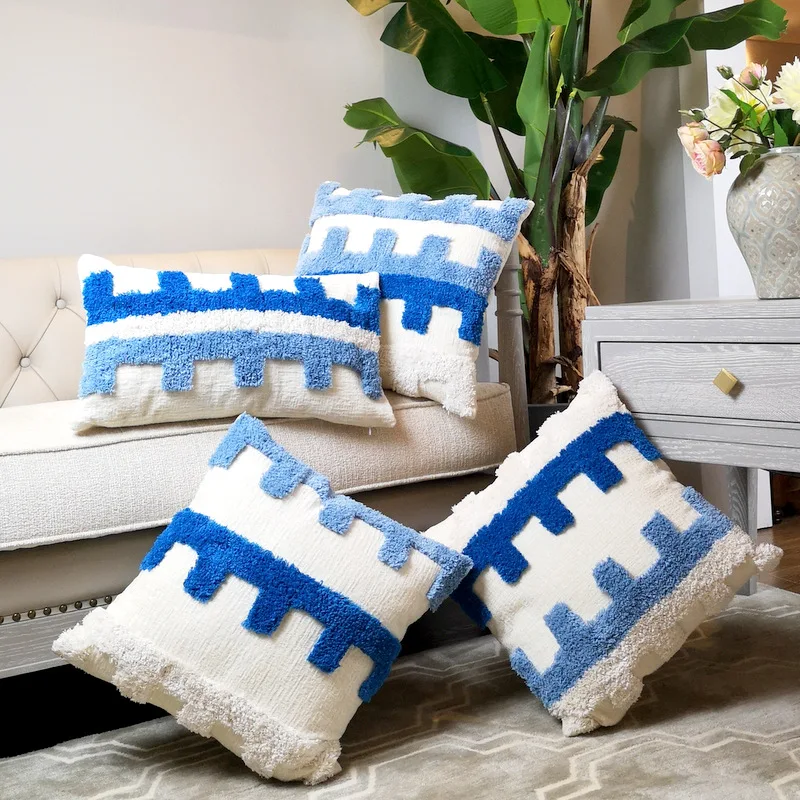 Синий чехол для подушки Чехол шерсти ручной работы с Ленточки для дивана сиденье простой домашний декоративный холст размером 45*45 см в богемном стиле