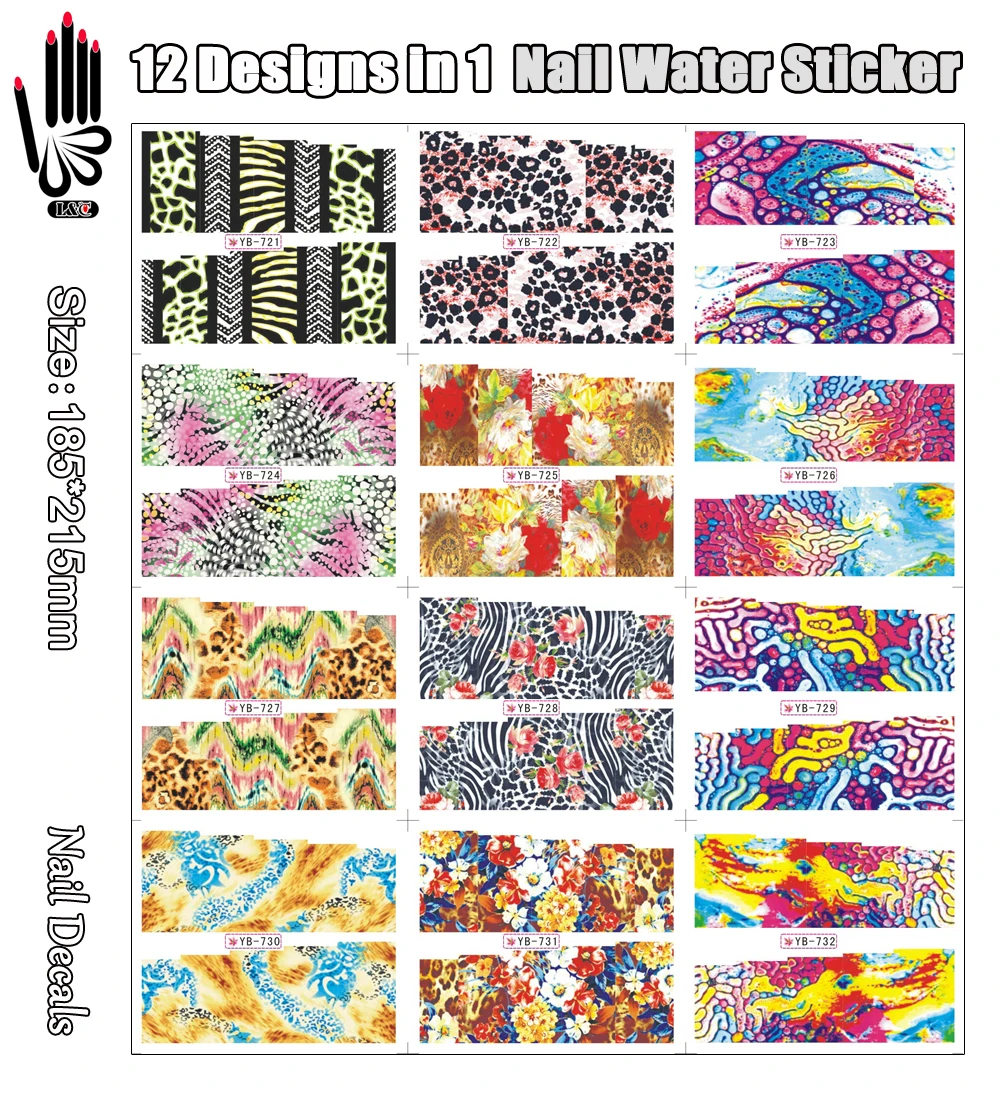 

12 Sheets/Lot Nail Water Decal YB721-732 Full Cover Color Leopard Nail Art Water Transfer Sticker For Nail(12 DESIGNS IN 1)