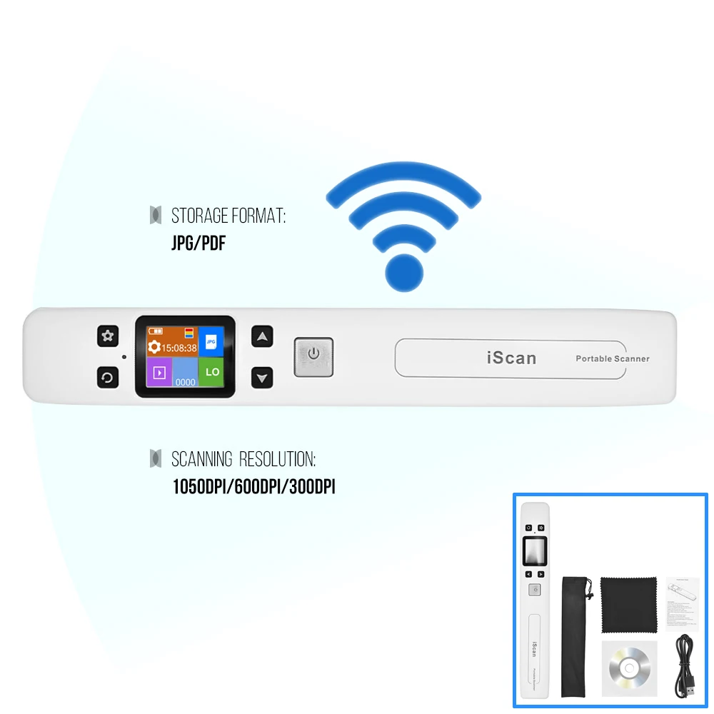Wifi 1050 ديسيبل متوحد الخواص عالية السرعة المحمولة العصا وثيقة الصور ماسحة A4 حجم JPG/PDF فورمات شاشة الكريستال السائل للأعمال Reciepts الكتب
