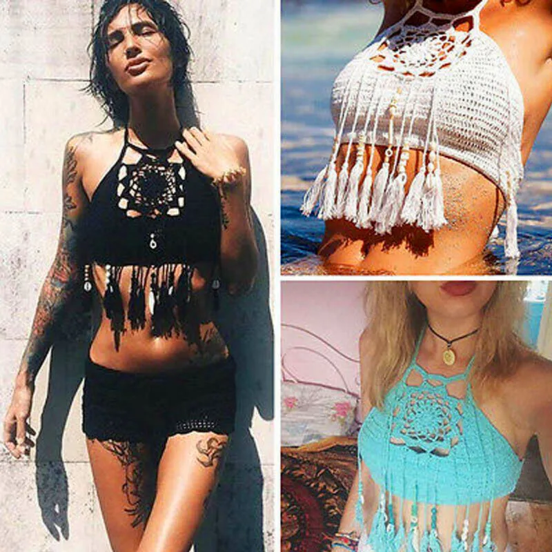 

2019 Sexy Women Crochet Lace Tassel Bikini Top Swimsuit Knitted Beading Bra Beach Bikini Bra Halter Swimwear Bra