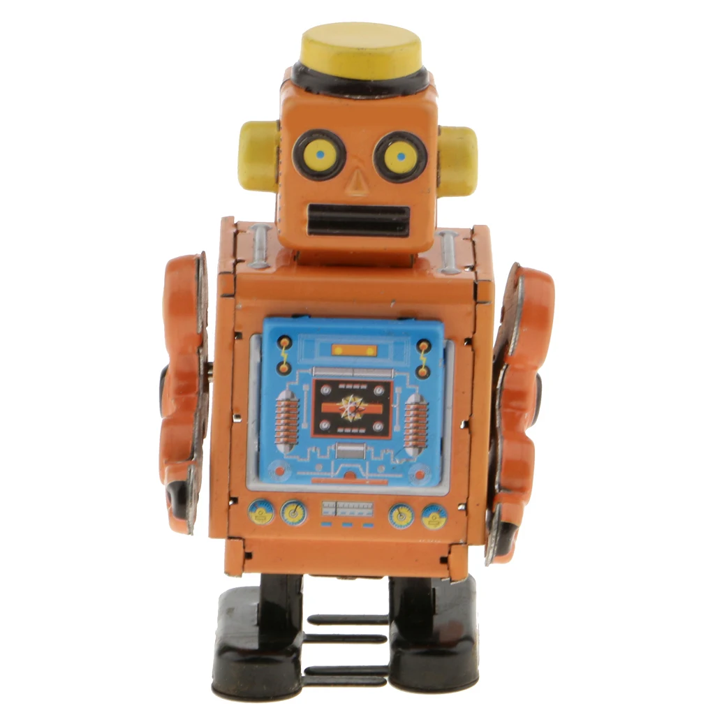 MagiDeal 1Pc 10cm Vintage Wind Up Clockwork Mechanical Walking Tin Crafted Robot Handmade Toy for Boys Birthday Gift Yellow