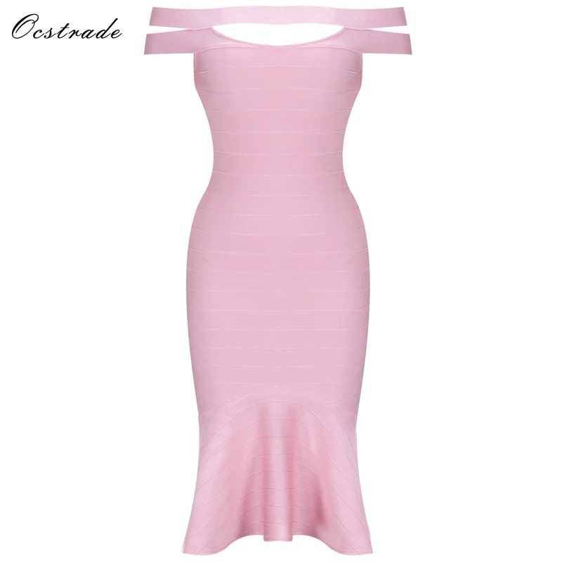 Ocstrade летние платья миди для женщин Стиль Розовый Русалка с открытыми плечами Бандажное платье сексуальное Бандажное платье Высокое качество
