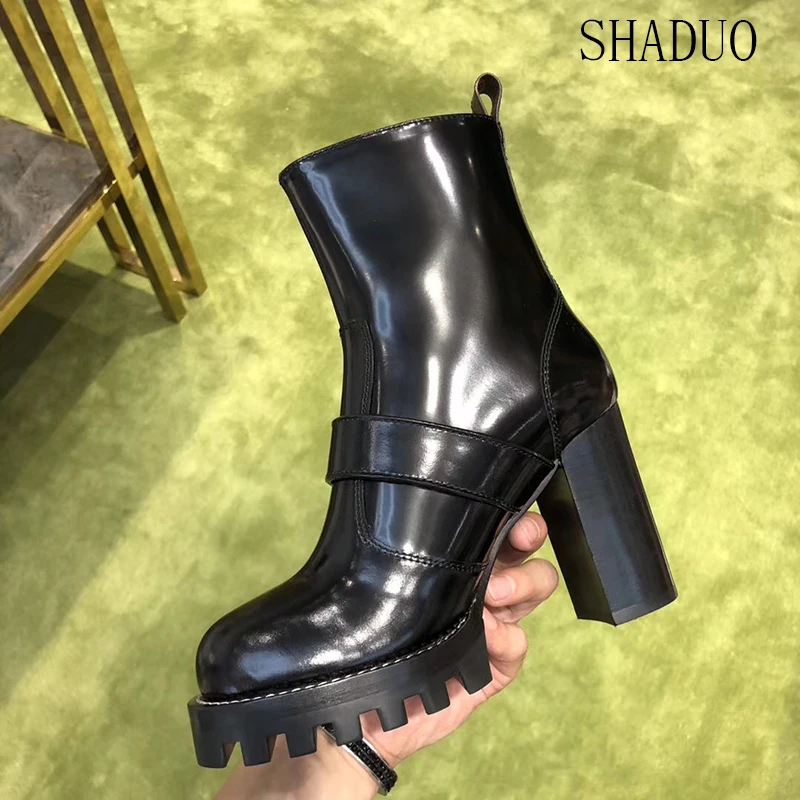 

2018 shaduo top quality Cowhide patent leather thick with buckle boots waterproof platform high heel zipper motorcycle shoes