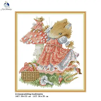 

A Mouse Picking Mushrooms Aida Cross Stitch Kit 14ct 11ct Count Print Canvas DMC Cotton Thread DIY Handmade Needle Embroidery