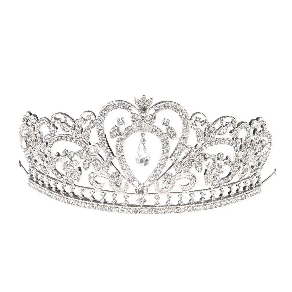 Remedios Crystal Wedding Prom Pageant Tiara Headpiece Bridal Princess Crown Headband With Pendant, Silver-Adult