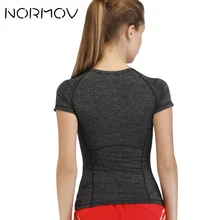 NORMOV Для женщин футболки Фитнес Костюмы короткий рукав бег Йога Рубашка Тонкий Тощий дышащий шею однотонные толстовки