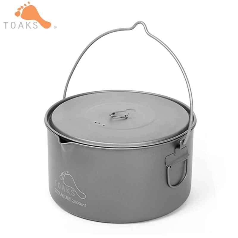

2000ml TOAKS Outdoor Titanium Hanging Pot Cooking Pots for Camping Hiking Picnic With Cover Fit for 3-5 Person 2L POT-2000-BH