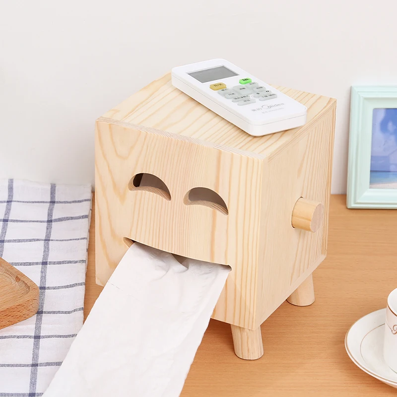 

Cartoon cute solid wood home living room tissue box desktop roll tray smiley wooden tray LO531144