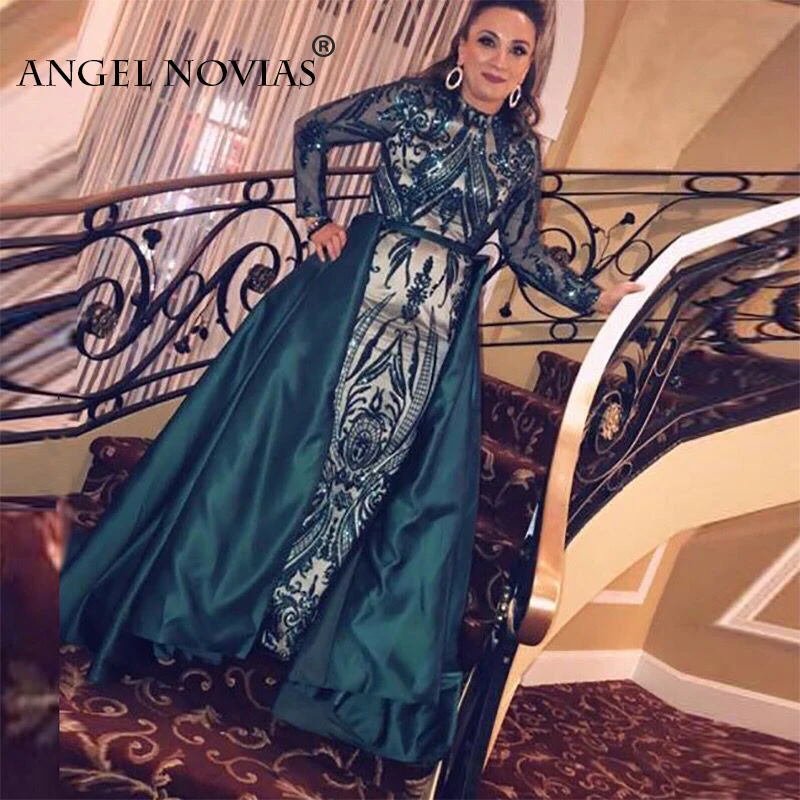 ANGEL NOVIAS Real Picture Lange Mouwen Hoge Hals Abendkleider Mermaid Lace Moslim Groen Avondjurken 2019 met Afneembare Rok ANGEL NOVIAS Real Picture Lange Mouwen Hoge Hals Abendkleider Mermaid Lace Moslim Groen Avondjurken 2019 met Afneembare Rok