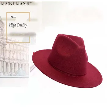 

LUCKYLIANJI Retro HQ Wool Felt Women Men Solid Color Panama Fedora Hat Ladies Vintage Gangster Cap (Size:57cm,Adjust Rope)