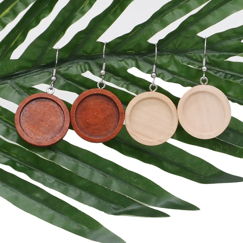 20pcs/lot Brown Fit 20mm Wood Cabochon Earring Base Settings Blank Stainless Steel Hooks Diy Accessories for Making Earrings