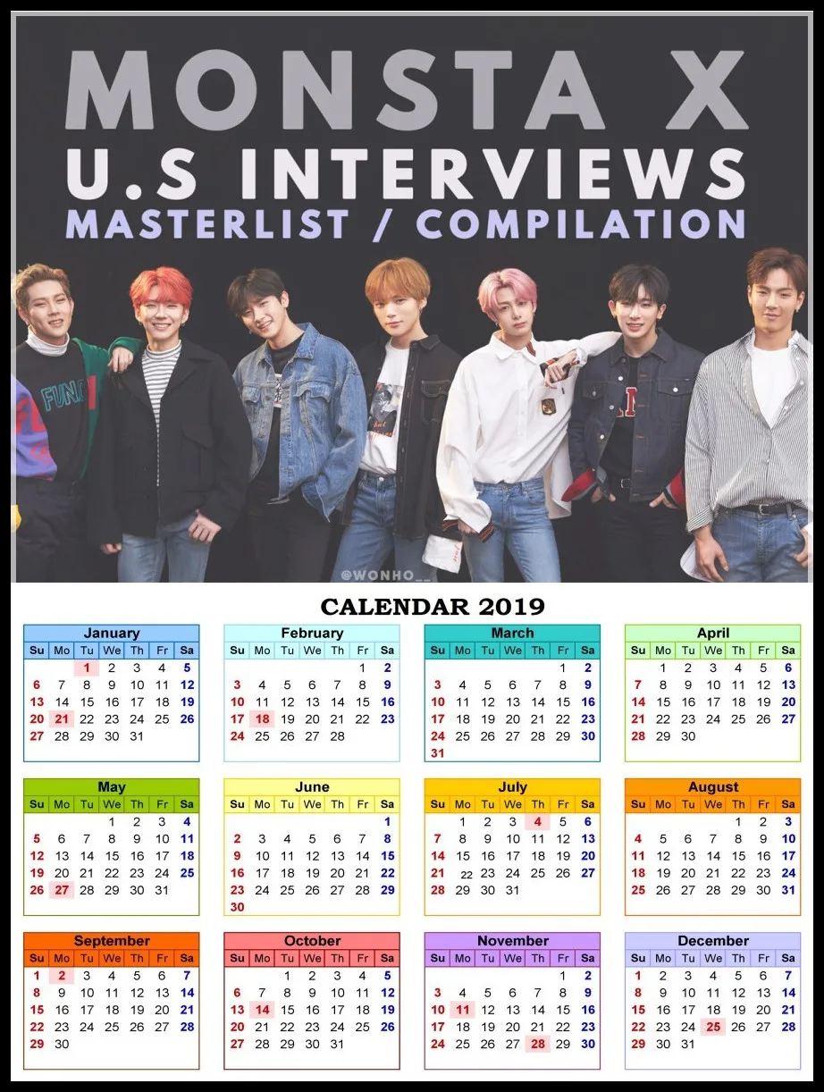 

Monsta X Posters K-POP Wall Stickers White Coated Paper Prints High Definition Home Decoration 2019 Calendar Poster Korean band