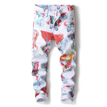 

2019 Spring Luxury Character Graffiti Printing Jean Homme Slim Designer Denim Jeans Men Skinny Fit Nightclub Elastic Denim Pants