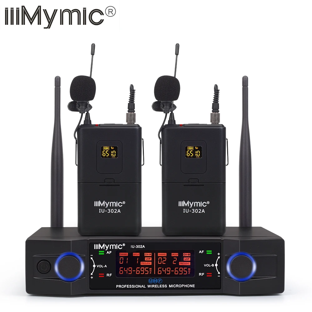 iiiMymic IU 302A UHF 600 700MHz Pro Dual Channel Wireless Microphone 2 Bodypack+2 Lapel&2 Headset Mic System for DJ Karaoke|Микрофоны| |