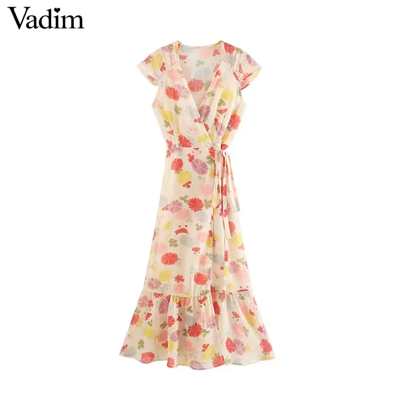 

Vadim women elegant floral print wrap dress chiffon V neck sleeveless bow tie sashes female beach wear chic midi dresses QC487