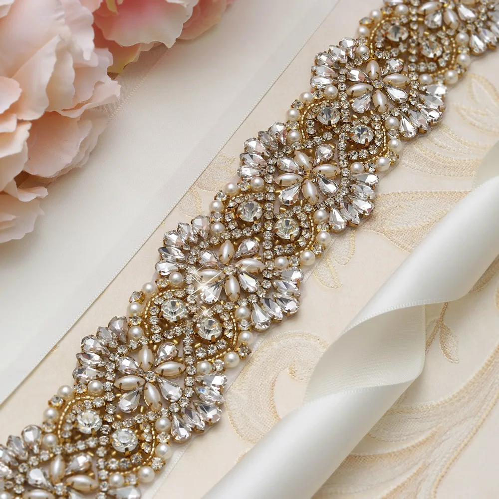yanstar Handmade Pearls Bridal Belt Gold Crystal Wedding Rhinestones Sash For Dresses XY811 | Свадьбы и торжества
