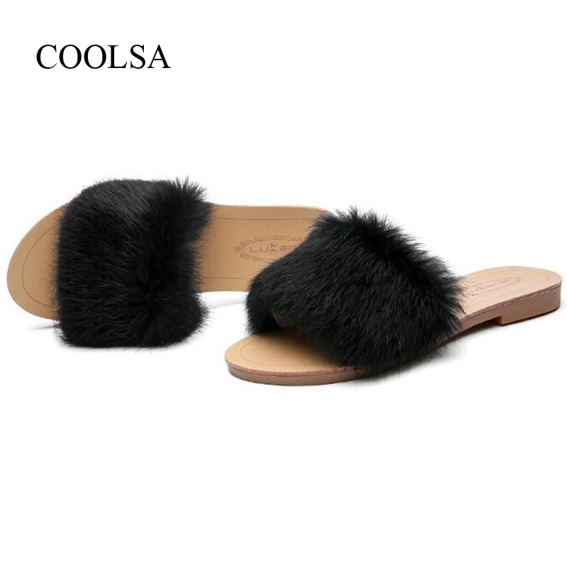 

COOLSA Women's Solid Rabbit Fur Flat Slippers Ladies Indoor Home Furry Soft Slippers Fashion Plush Warm Slippers Drop Shipping