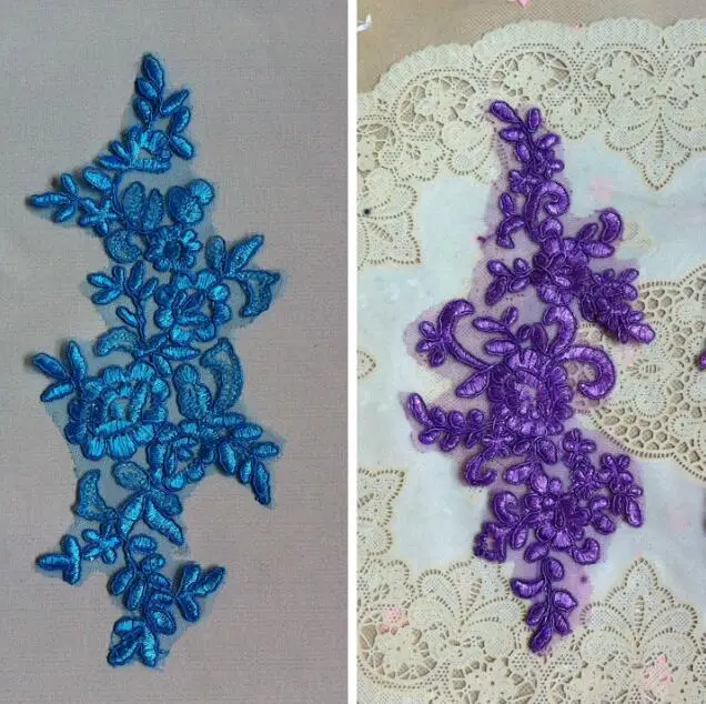 

1 Pair Blue Purple Lace Applique 2 Size Flower Floral Mirror Lace Patches for Garment Clothes Accessories