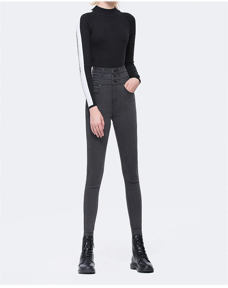 WQJGR, весенние и осенние женские джинсы с высокой талией, черные и серые эластичные женские джинсы, длинные женские штаны