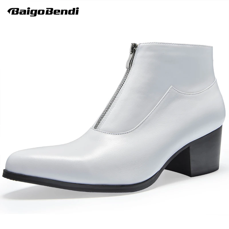 Size 3744 Genuine Leather Men's High Heel Boots Man Winter Pointed Toe Zip White Heighten Shoes