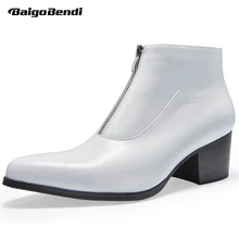 Size 37-44 Genuine Leather Mens High Heel Boots Man Winter Pointed Toe White Ankle Boots Zip Heighten Shoes Thick Heel 2018 new winter fashion pointed toe lace up genuine leather print flower zip rivets women ankle boots thick heel chelsea boots l