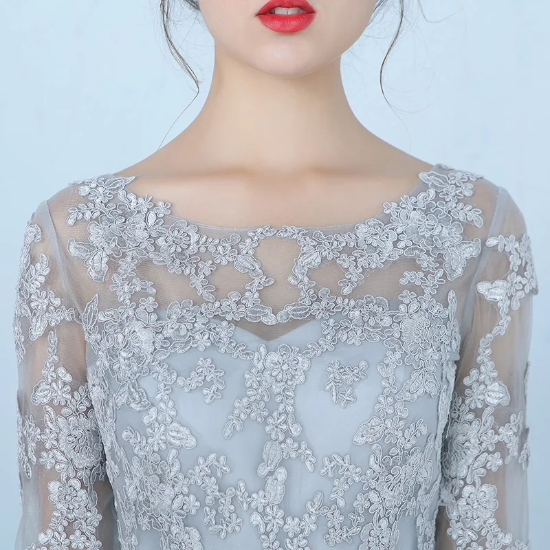 Robe De Soiree Light Grey Evening Dresses Long 2019 Tulle With Lace Half Sleeves Party Formal Prom Dress Abendkleider Abiye